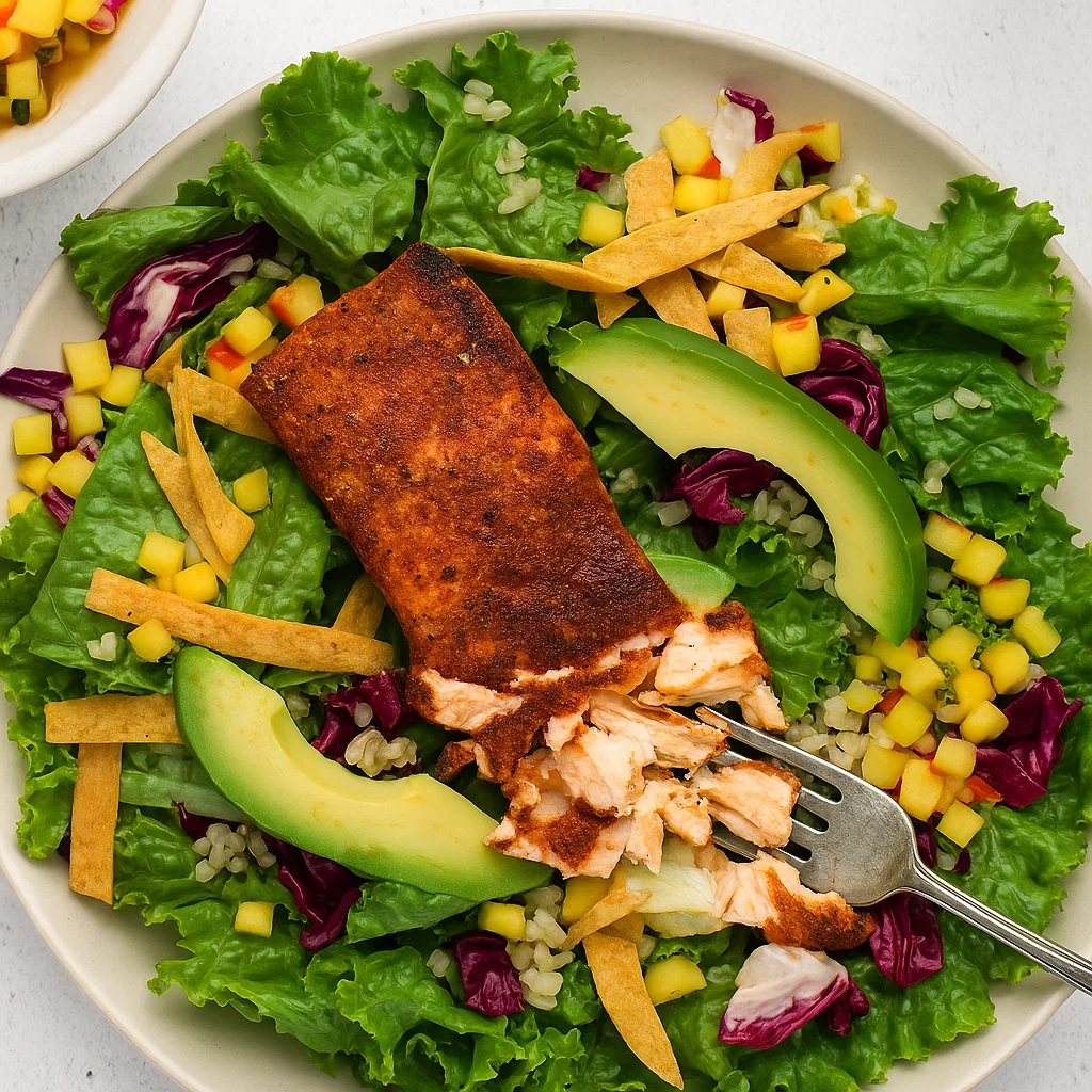 healthy-mango-salmon-salad. Healthy Mango Salmon Salad with Blackened Salmon and Fresh Mango Salsa