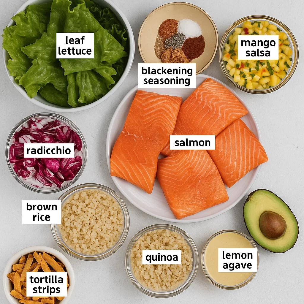 healthy-mango-salmon-salad. Healthy Mango Salmon Salad with Blackened Salmon and Fresh Mango Salsa