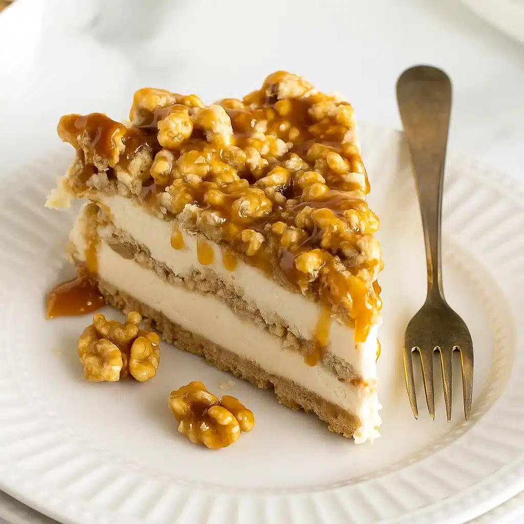 Home 1 A square slice of Butter Brickle Frozen Delight with creamy layers, toffee bits, and a golden graham cracker crust, served on a dessert plate.