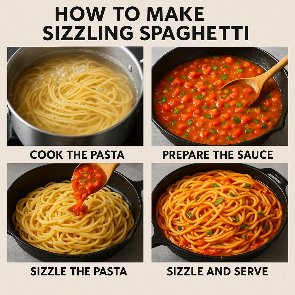 sizzling-spaghetti-recipe-4 Delicious spaghetti in tomato sauce topped with melted cheese and fresh basil, served in a cast-iron skillet.