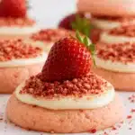 How to Make Delicious Strawberry Crunch Cookies 3 Close-up of a bitten Strawberry Crunch Cookie showing soft center and crunchy topping.