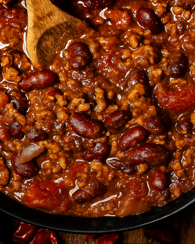 Bol de Chili con carne mexicain garni de crème fraîche, fromage râpé et coriandre fraîche.