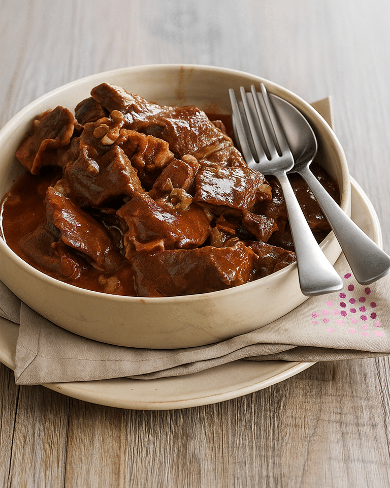 Morceaux de bœuf à braiser, coupés en cubes et légèrement farinés, près des autres ingrédients.