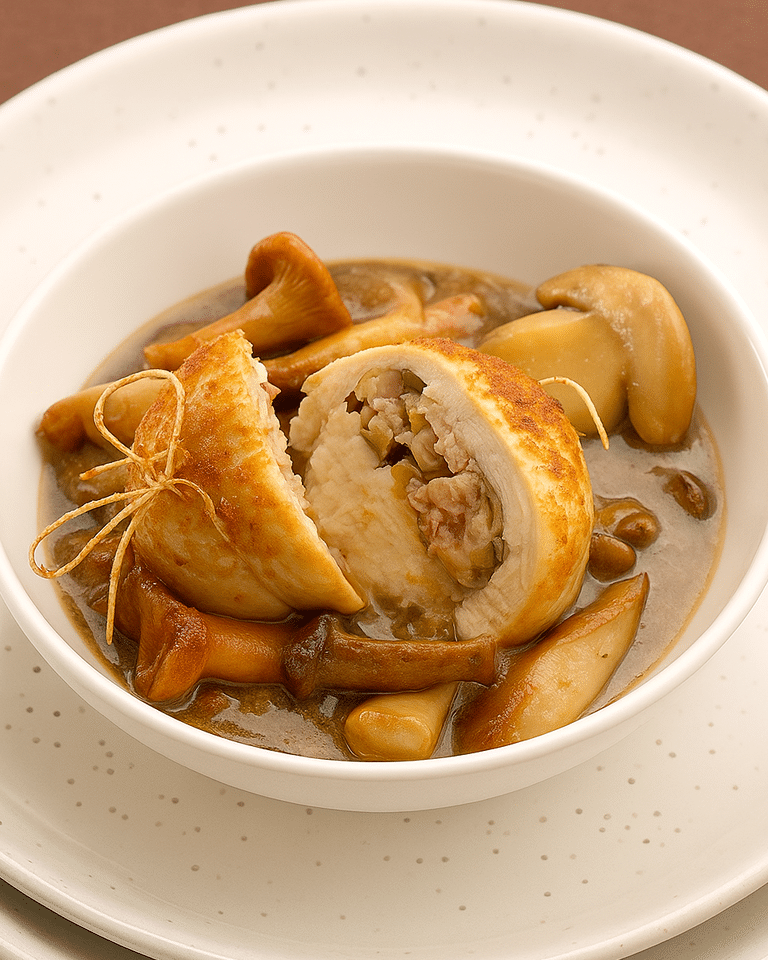 Préparation de la Farce aux Champignons Sauvages Mélange de champignons sauvages (cèpes, girolles) hachés pour la farce, avec oignon et ail.
