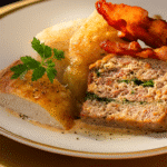 Tranche de chapon rôti et de farce, servie avec de la purée de panais, du lard croustillant et des oignons caramélisés.