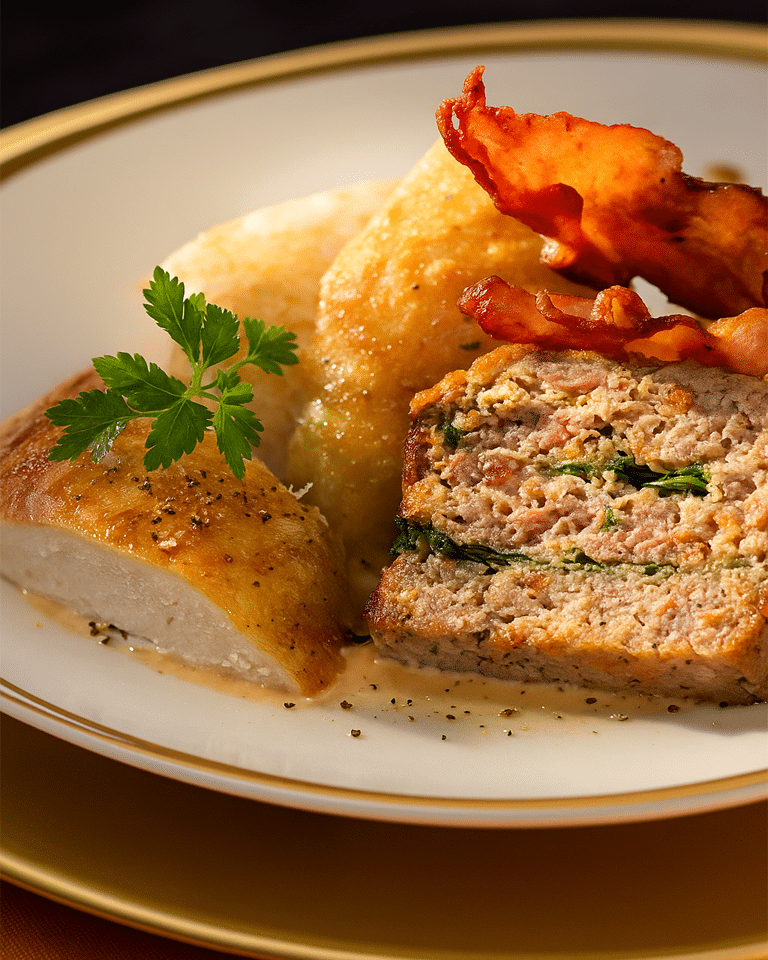 Tranche de chapon rôti et de farce, servie avec de la purée de panais, du lard croustillant et des oignons caramélisés.