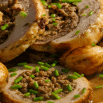 Tranche de suprême de chapon farci, révélant la farce truffée aux pistaches, servie avec de la purée.