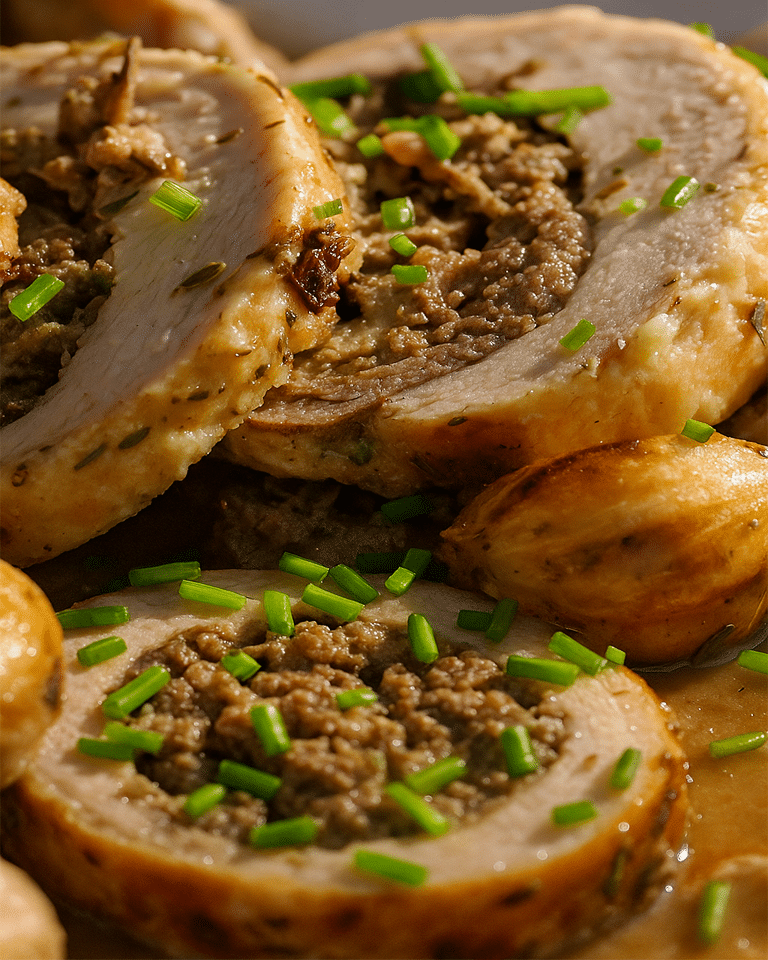 Tranche de suprême de chapon farci, révélant la farce truffée aux pistaches, servie avec de la purée.