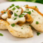 Les escalopes de dinde remises dans la sauce crémeuse pour le mijotage final.