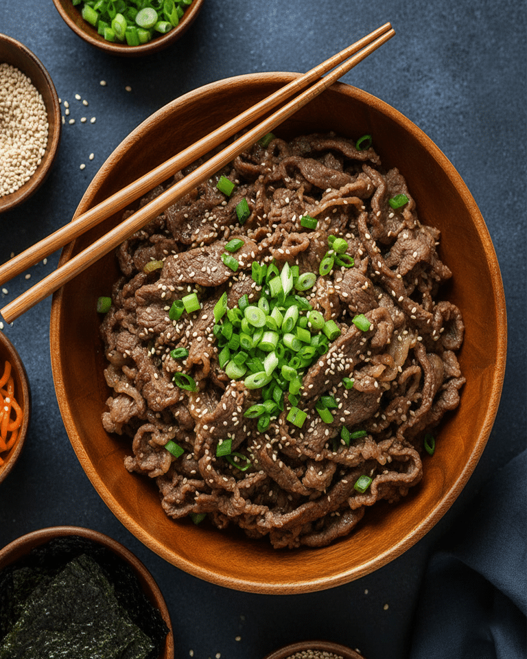 Bœuf Bulgogi tranché finement et mariné, prêt à être cuit.