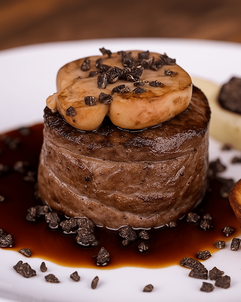 Tranches épaisses de tournedos de bœuf cru et tranches de foie gras cru prêtes à être cuites.