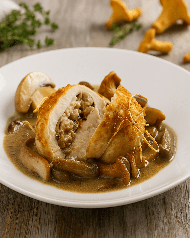 Le plat final de Paupiette de chapon, servi dans une sauce onctueuse de couleur dorée.