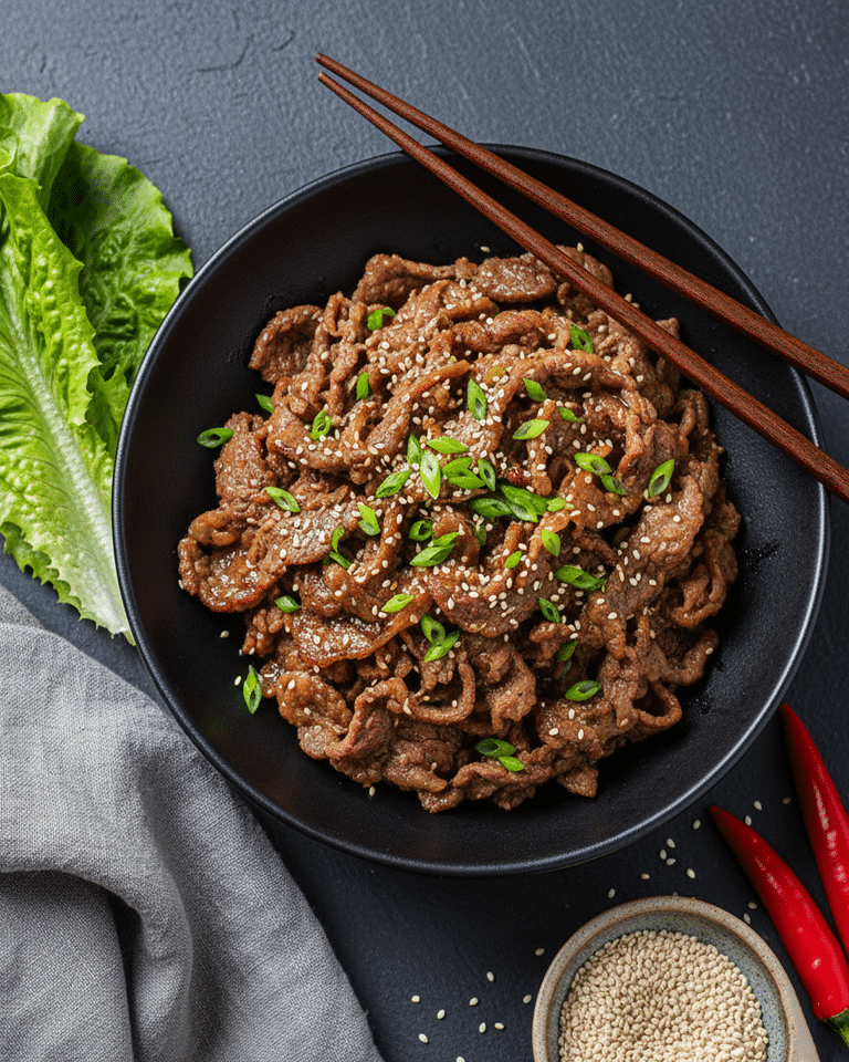 Saisir le Bulgogi à Feu Vif pour une Caramélisation Parfaite Bœuf Bulgogi saisi à feu vif dans un wok, avec des morceaux d'oignon, fumant.