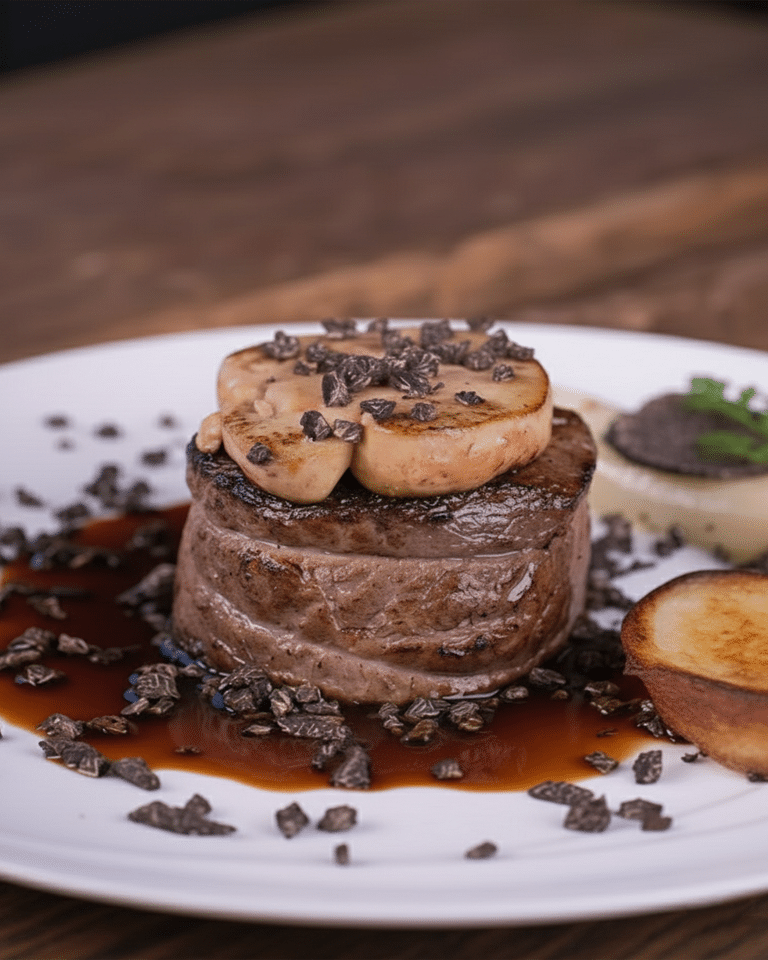 Le Foie Gras Poêlé à la Perfection Tranche de foie gras cru saisie dans une poêle chaude, montrant le dorage de la surface.
