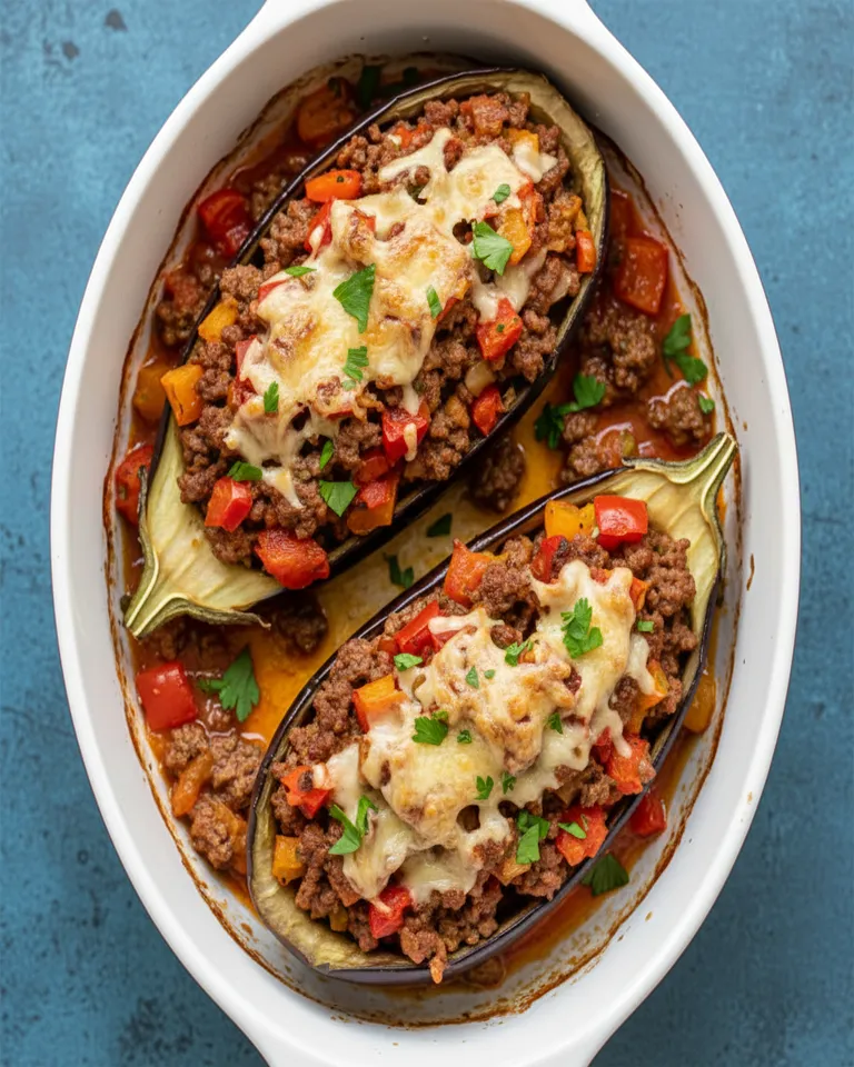 Farce de bœuf haché, chair d'aubergine, poivrons et tomates mijotant dans une sauteuse.