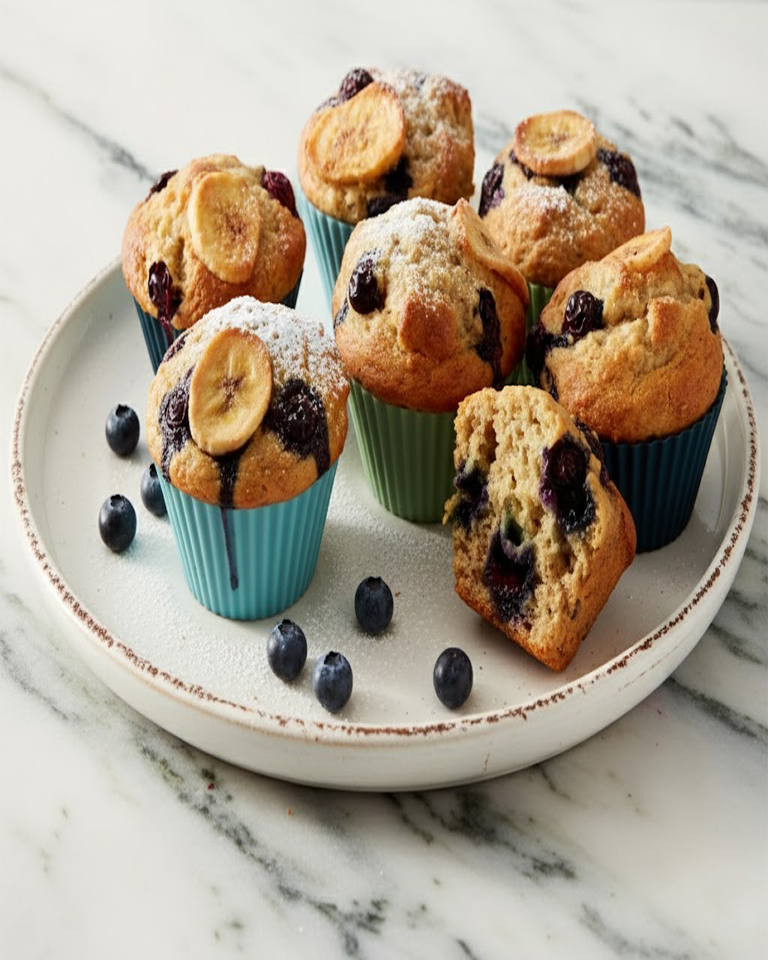 Muffins aux Bananes et Bleuets doré, cuit à la friteuse à air chaud, avec une croustille de banane sur le dessus.