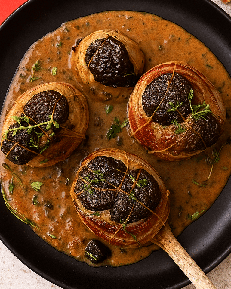 Échalotes et champignons de Paris en train de suer dans la cocotte après avoir retiré les paupiettes.