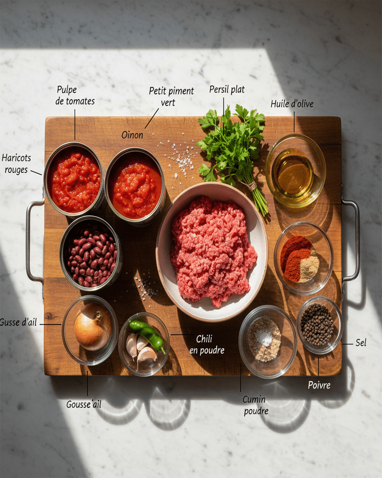 Tous les ingrédients du Chili con carne (viande, tomates, haricots, oignon, épices) disposés sur une planche en bois.