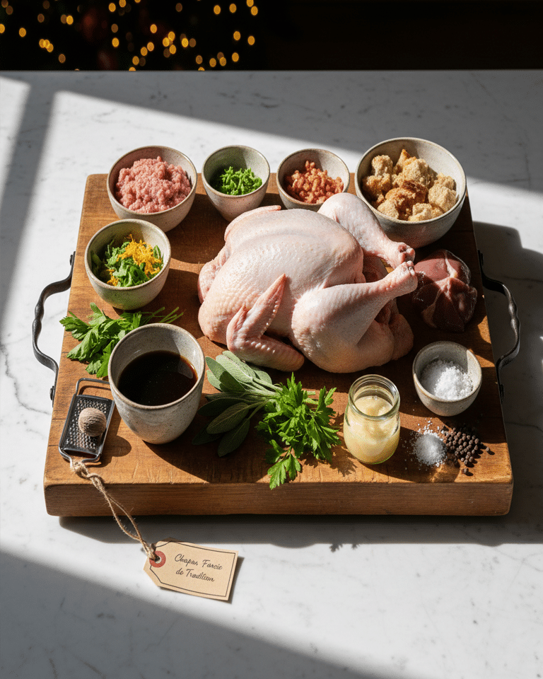 Le chapon rôti, peau croustillante et dorée, dans le plat de cuisson avec son jus.