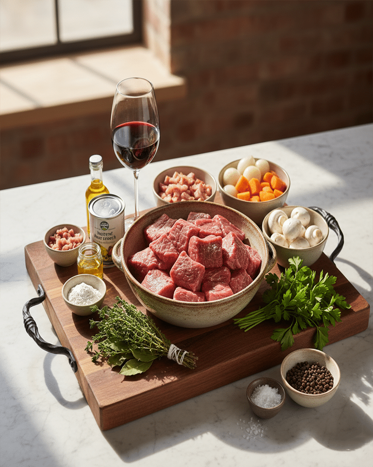 Un bol de Bœuf Bourguignon garni de persil, servi avec de la purée de pommes de terre.