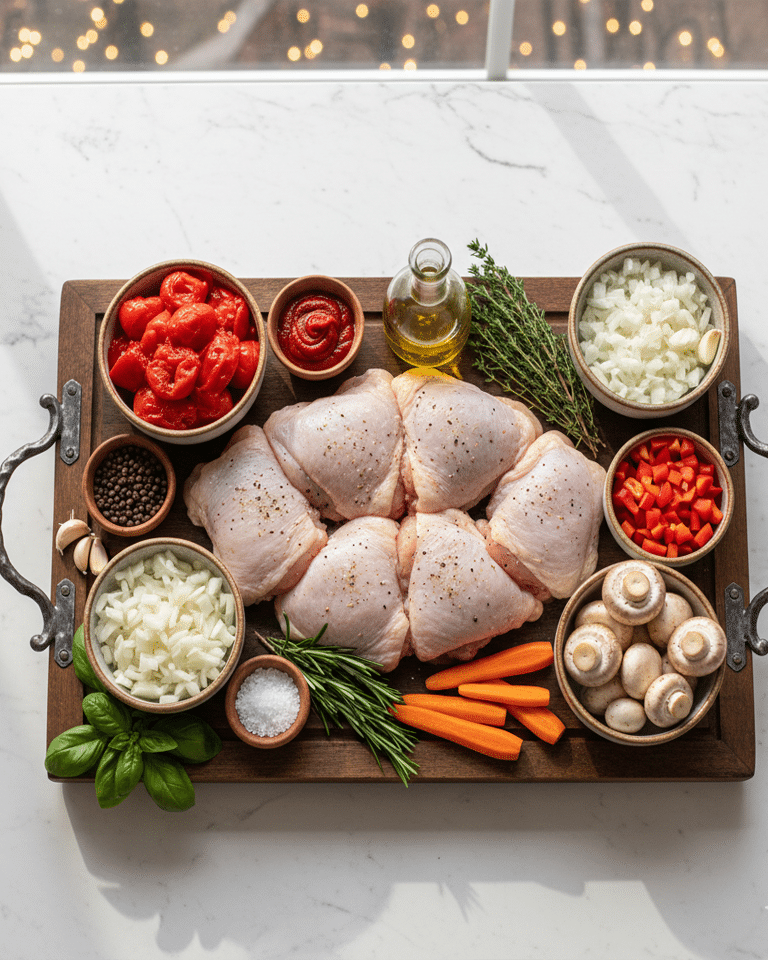 La sauce du Cacciatora avec les tomates concassées, le concentré, le romarin et le poulet mijotant ensemble.
