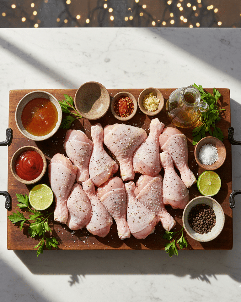 Pilons de poulet cuits, très dorés et caramélisés, servis dans un plat ou un panier avec du persil frais haché.