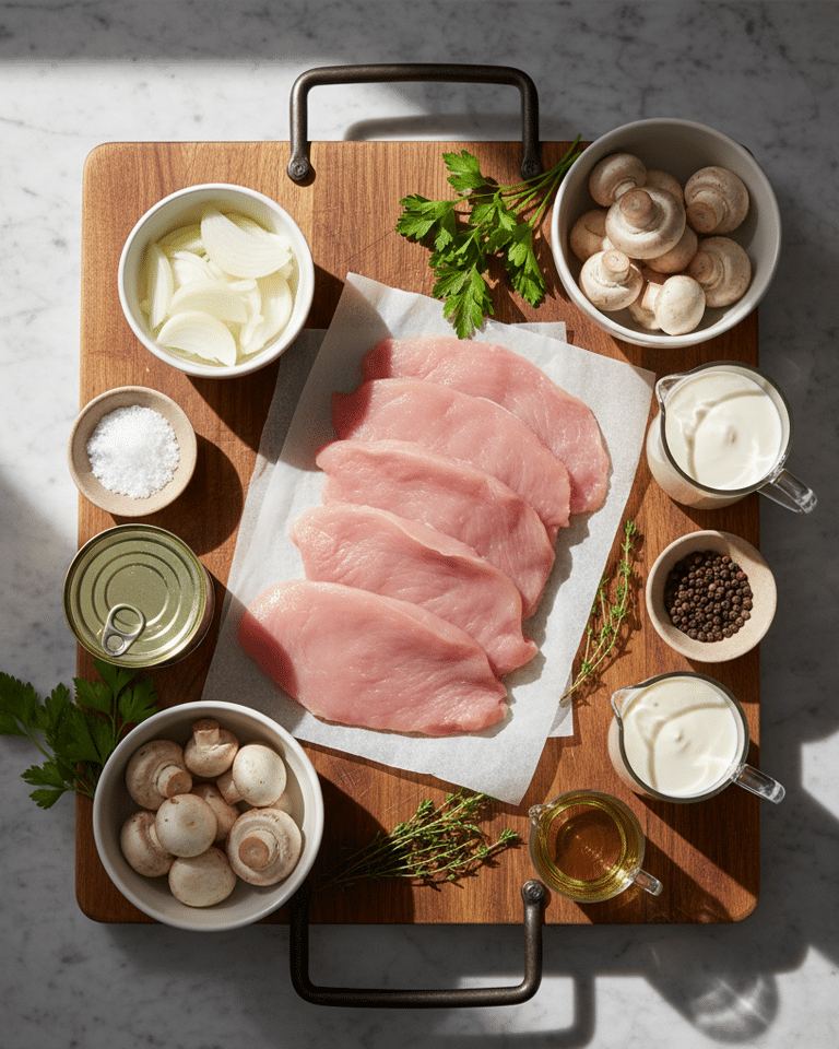 Tous les ingrédients de la recette (dinde, crème, vin blanc, oignon, champignons) disposés.