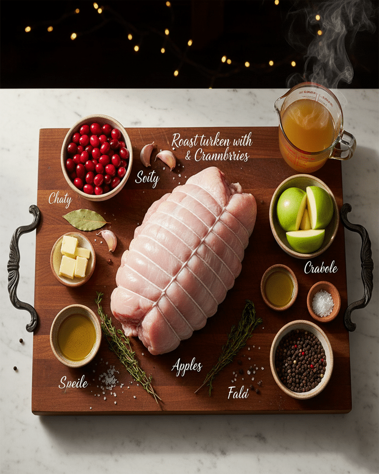 Tous les ingrédients de la recette (dinde, pommes, canneberges, thym, laurier, beurre) disposés.