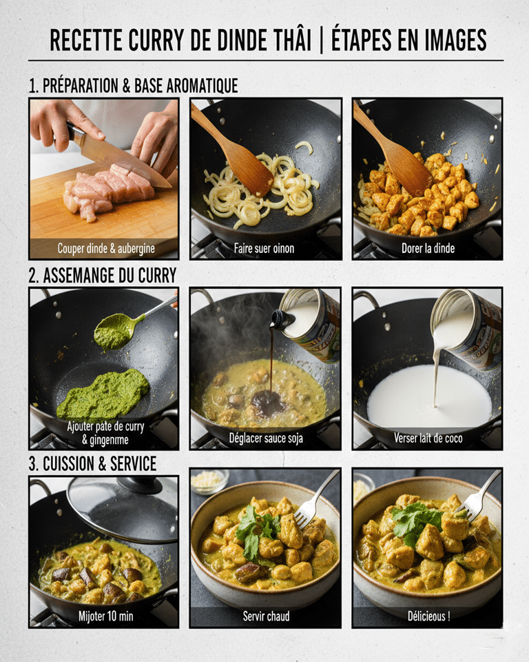 Dés de dinde et morceaux d'aubergine mijotant dans le lait de coco dans une sauteuse.