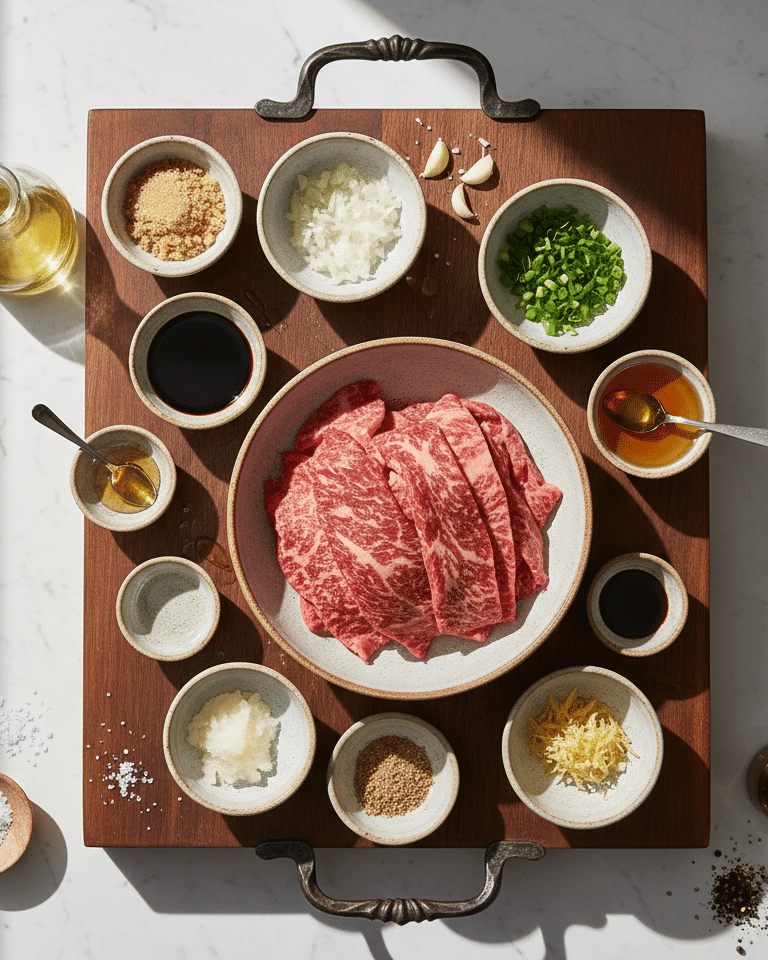 Plais de Bulgogi servi sur un lit de riz blanc, garni de cives.