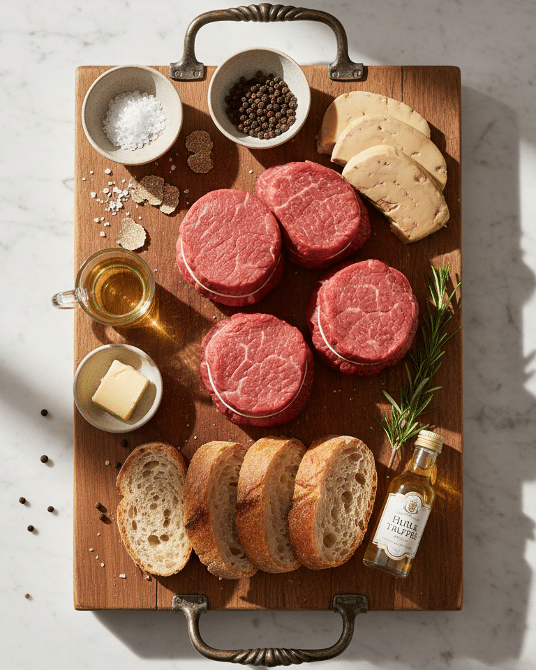 Le Tournedos Rossini assemblé (bœuf, foie gras, truffe) sur un pain grillé.
