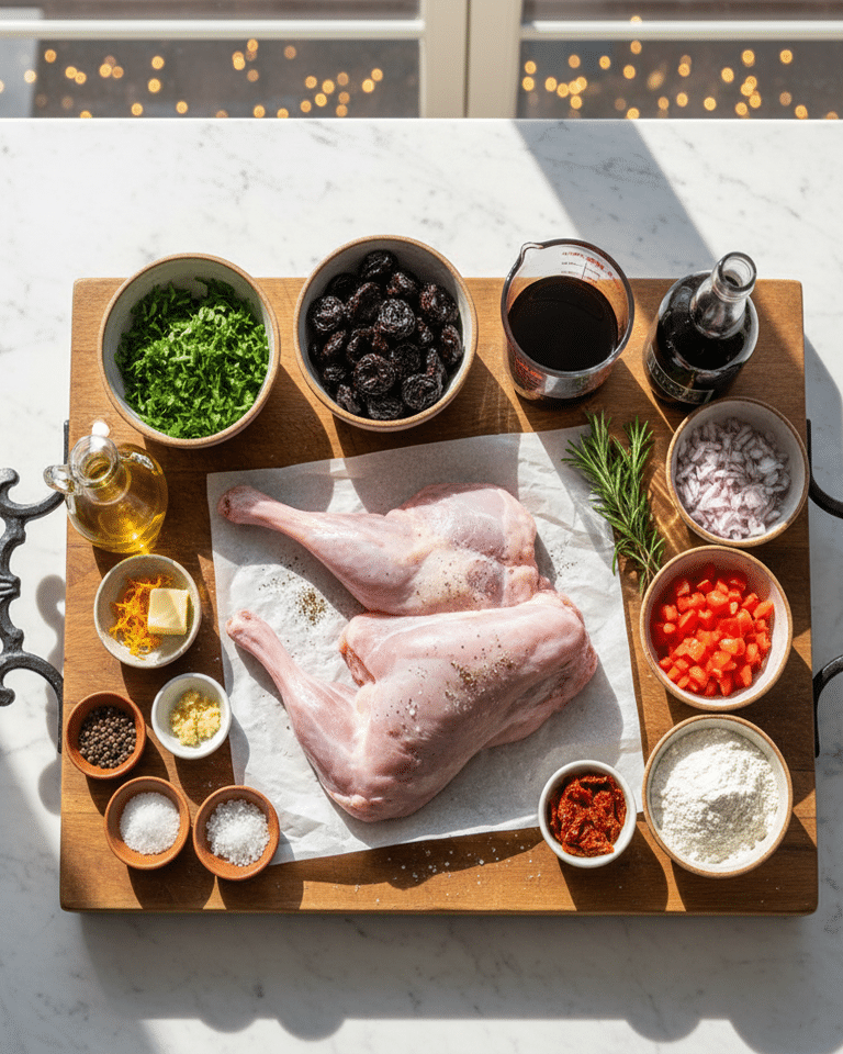 Épices et aromates : oignons, ail, romarin, tomates, zeste d'orange et Porto ajoutés aux sucs de cuisson.