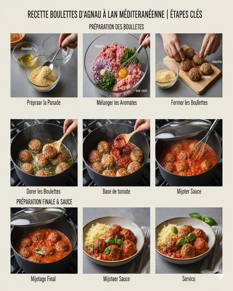 Boulettes d'agneau à la sauce tomate riches et juteuses dans une poêle en fonte, garnies de basilic frais.