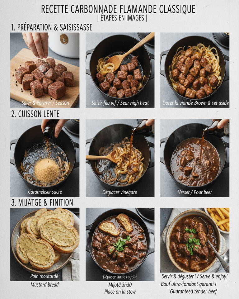 Le plat final de Carbonnade flamande servi dans un bol avec une sauce épaisse et le bœuf fondant.