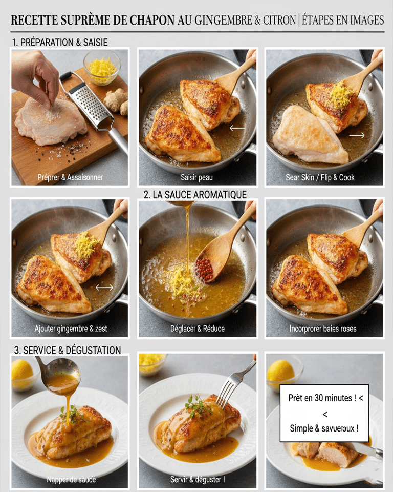 Préparation de la sauce dans la poêle avec le gingembre, le zeste de citron et le bouillon de volaille.