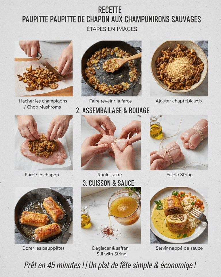 Paupiettes de chapon ficelées, dorées dans une cocotte, prêtes à être mouillées par le bouillon safrané.
