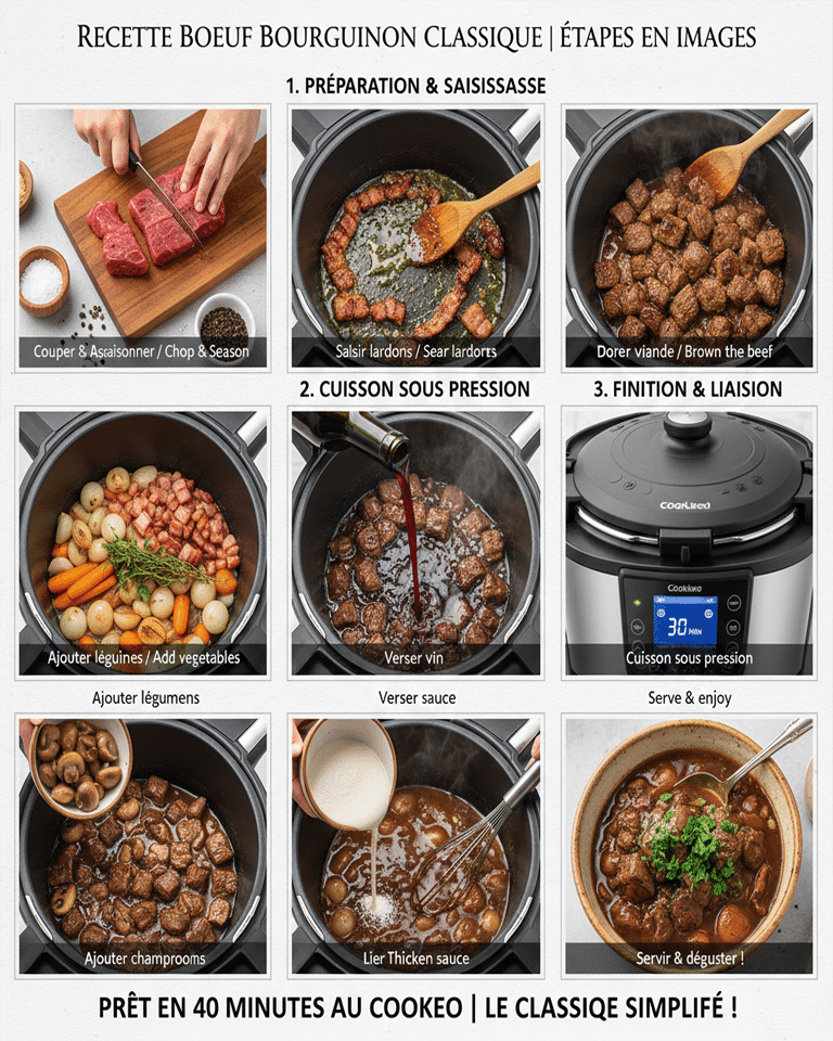 Le Bœuf Bourguignon en fin de cuisson, la sauce riche et les légumes tendres, prêt pour la liaison.