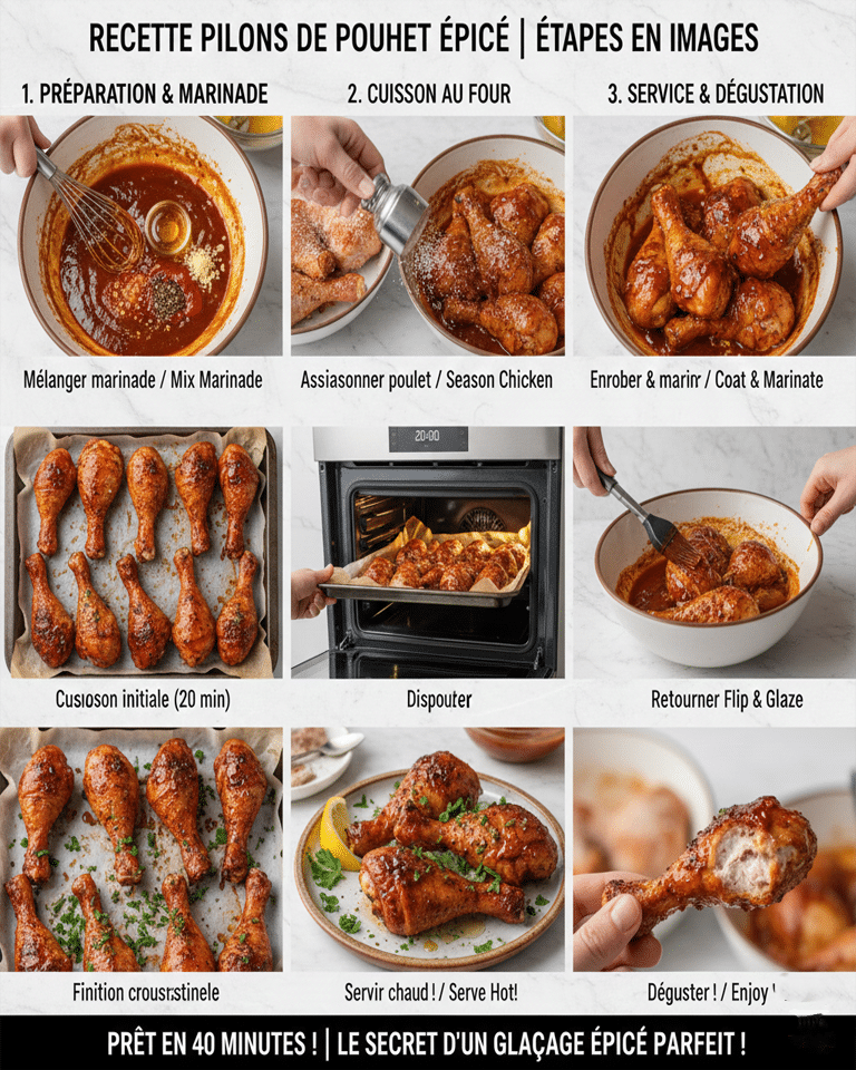 Pilons de poulet à mi-cuisson, retournés et badigeonnés d'une nouvelle couche de glaçage.
