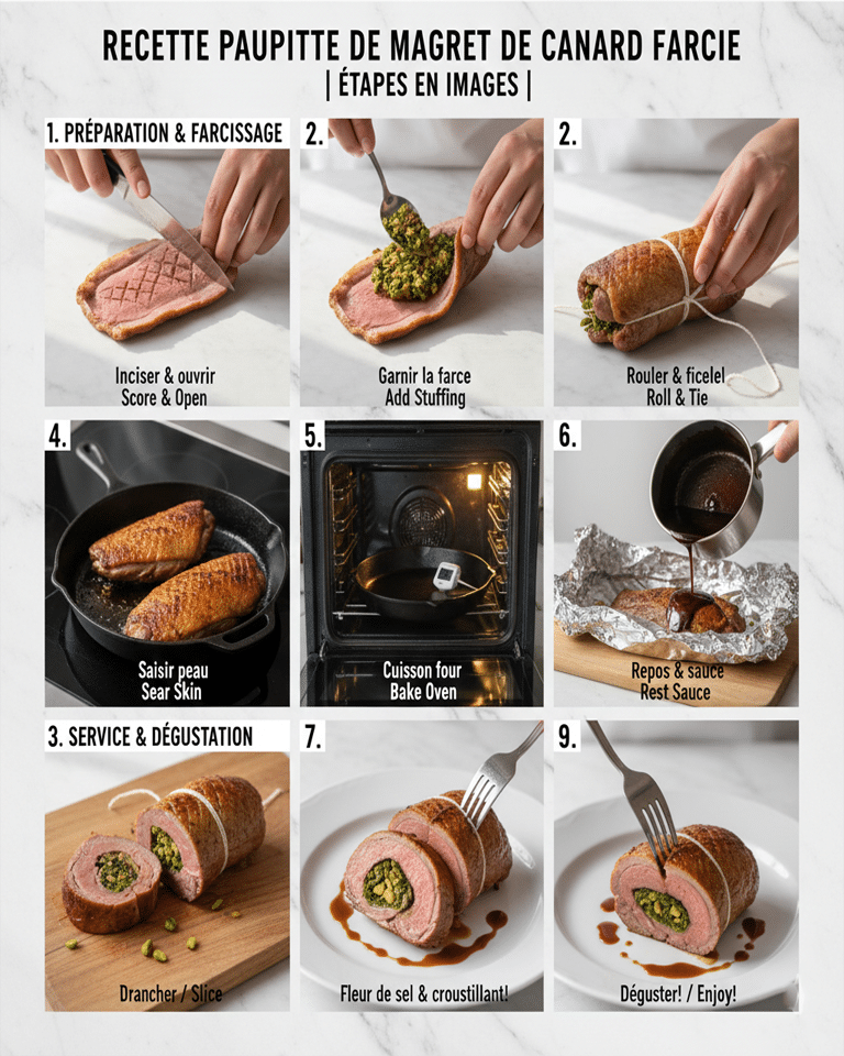 Le magret de canard ouvert, avec la farce de blettes et fruits secs étalée, prêt à être roulé.