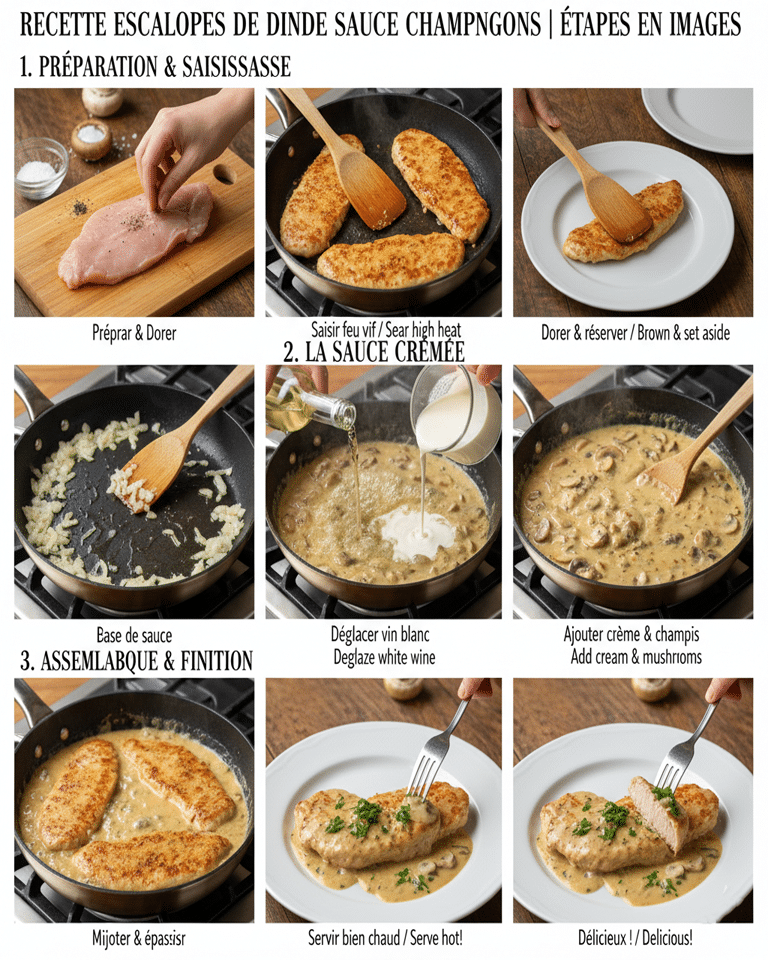 Escalopes de dinde nappées de sauce crémeuse aux champignons, servies avec du riz.