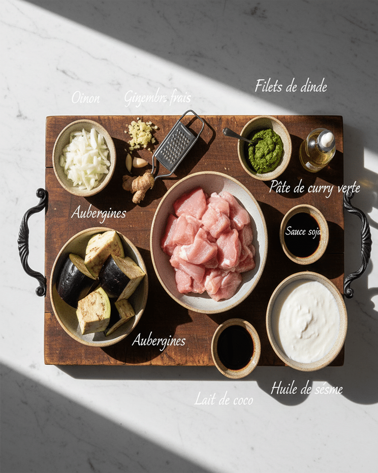Tous les ingrédients exotiques (dinde, aubergines, lait de coco, gingembre, pâte de curry) disposés.