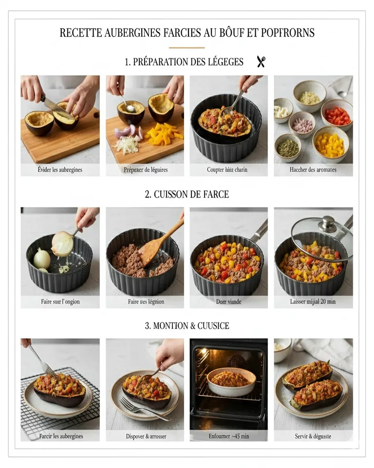 Aubergines coupées en deux et évidées avec la chair coupée en dés, prêtes à être farcies.