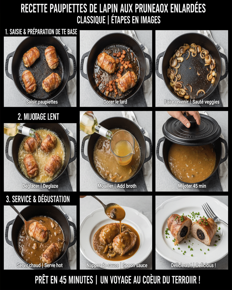 Paupiettes de lapin crues, enlardées et ficelées, avec les pruneaux visibles en coupe.