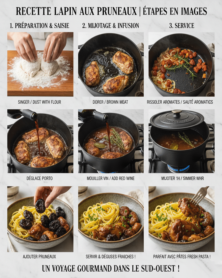 Morceaux de lapin farinés et en train de dorer dans la cocotte avec le beurre et l'huile.