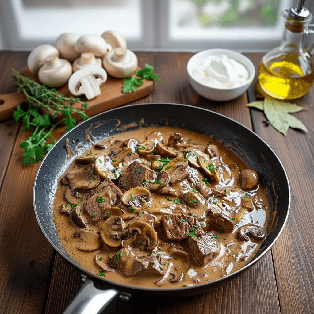 Le vin blanc est versé dans la poêle après la cuisson des légumes, déglacant les sucs de cuisson brunis. Bœuf Stroganoff crémeuxTitle