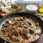 Fines lamelles de bœuf de qualité (filet ou rumsteck) en train d'être saisies à feu vif dans une poêle chaude. Bœuf Stroganoff crémeuxTitle
