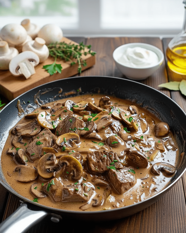 Fines lamelles de bœuf de qualité (filet ou rumsteck) en train d'être saisies à feu vif dans une poêle chaude. Bœuf Stroganoff crémeuxTitle