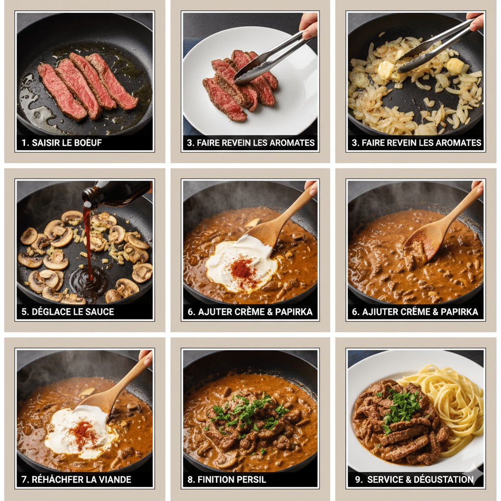 Concentré de tomate, paprika et moutarde de Dijon mélangés aux oignons et champignons dans la poêle.