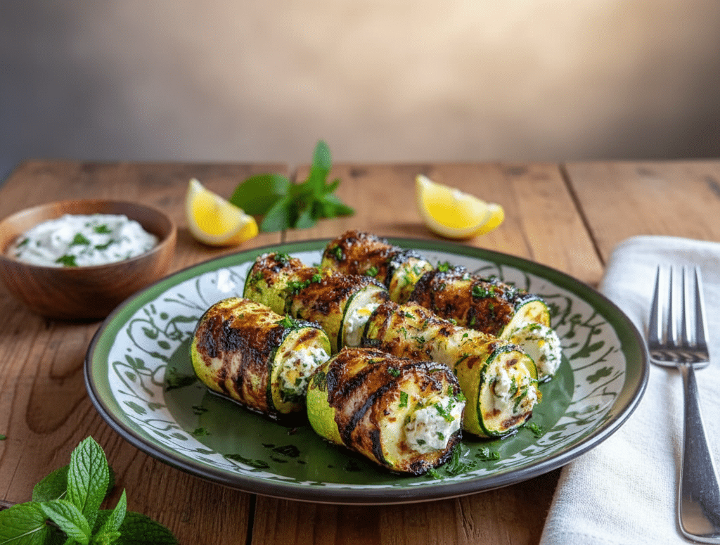 Bouchées de Courgettes Grillées à la Ricotta Citronnée 1 Bouchées de courgettes roulées, garnies de ricotta, fixées par un pic en bois. Bouchées de Courgettes Grillées à la Ricotta Citronnée