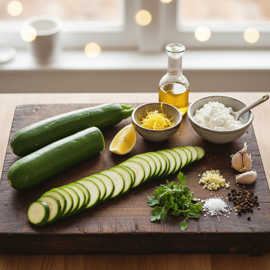 Courgettes coupées en fines lamelles uniformes à l'aide d'une mandoline. Bouchées de Courgettes Grillées à la Ricotta Citronnée